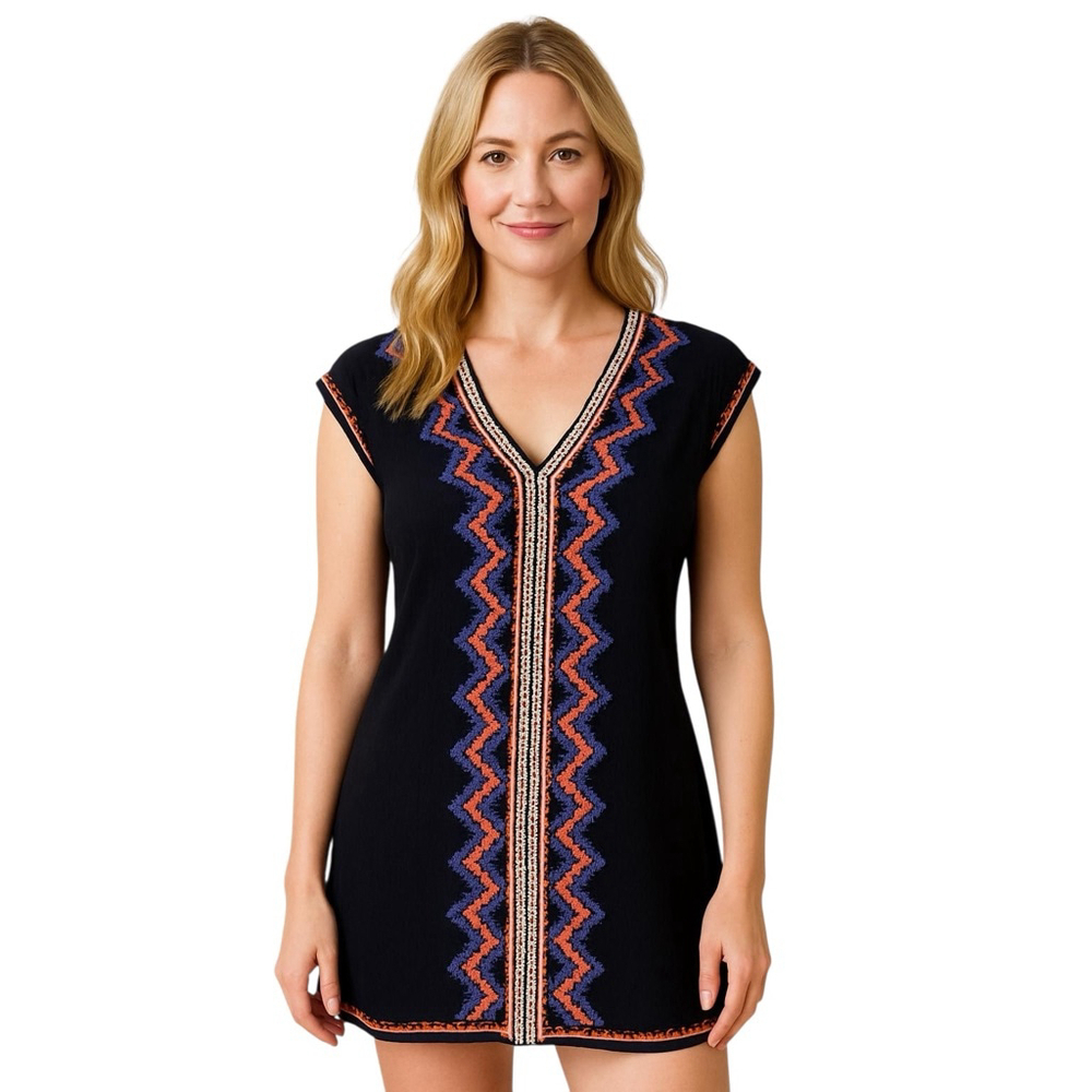 THML Tunic Top Womens XS Black Embroidered Crochet Crinkle Boho Hippie Festival